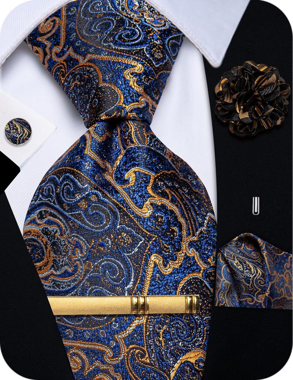 9810 Blue Ties Woven Paisley Silk Tie with Lapel Pin Pocket Square Sets